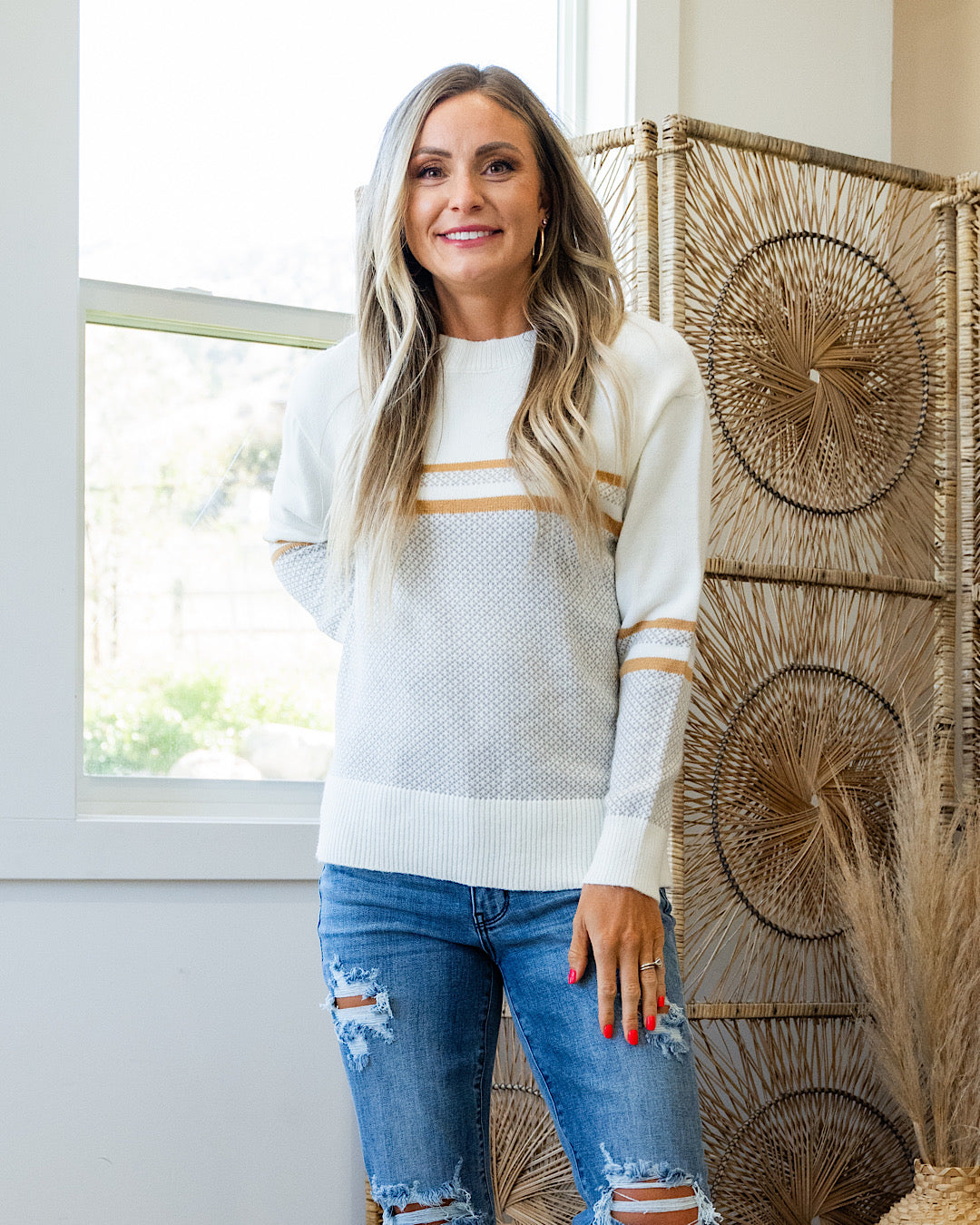 NEW! Piper Color Block Patterned Sweater - Ivory, Taupe and Gold Staccato