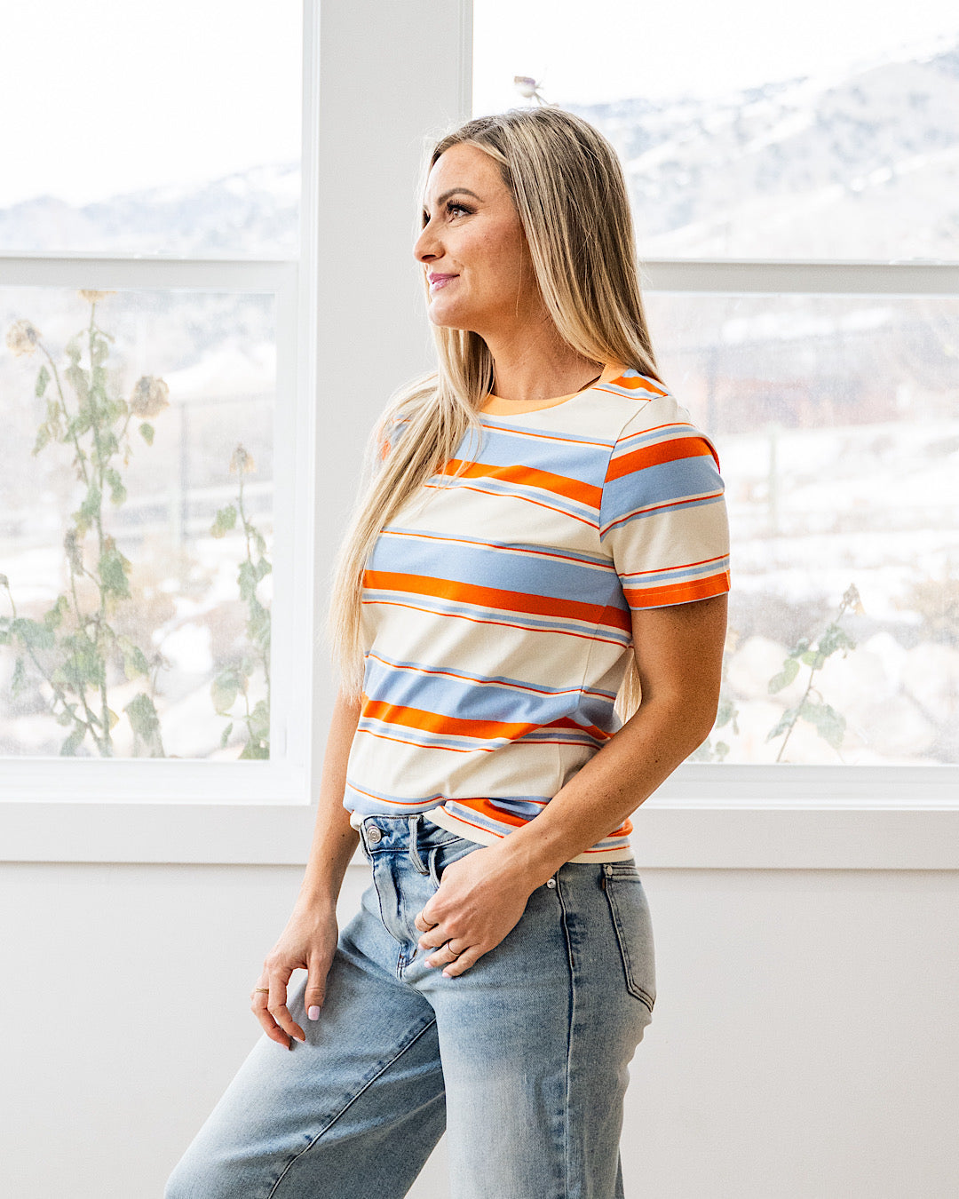 NEW! Anna Multi Stripe Top - Sky Blue Staccato