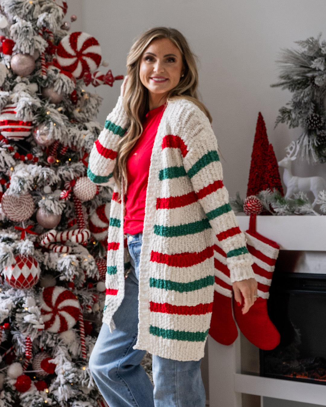 NEW! Christmas Stripe Open Front Cardigan