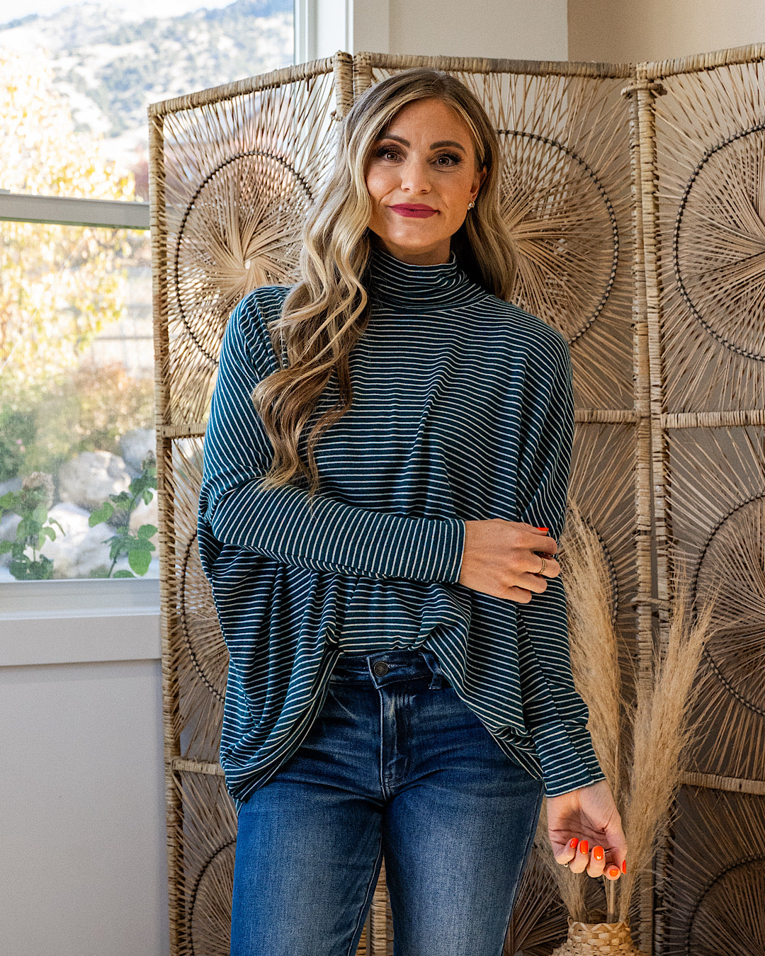 NEW! Here I Am Striped Dolman Sleeve Turtle Neck - Deep Green & Cream Double Zero