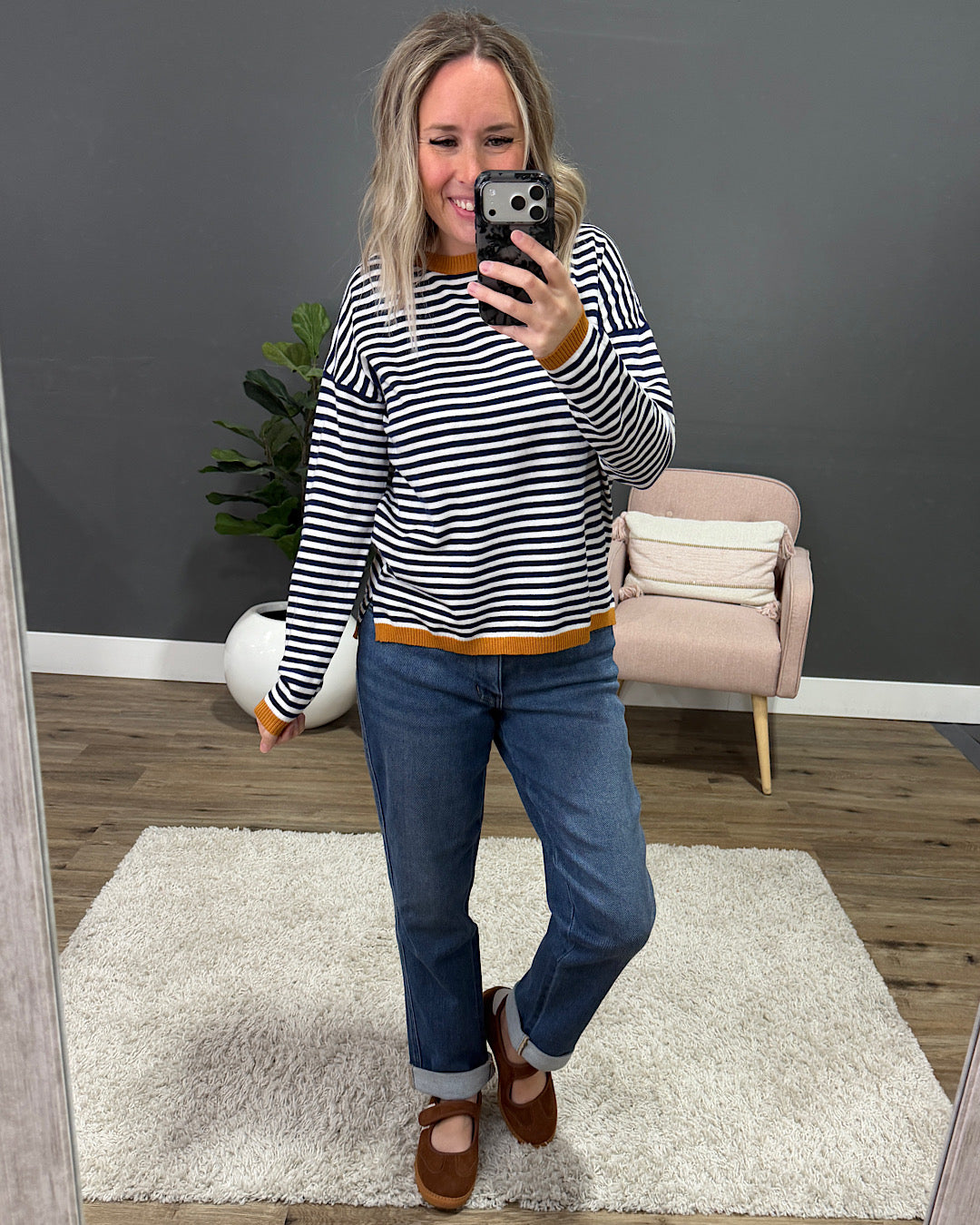 NEW! Kathryn Navy Striped Side Slit Sweater - Camel