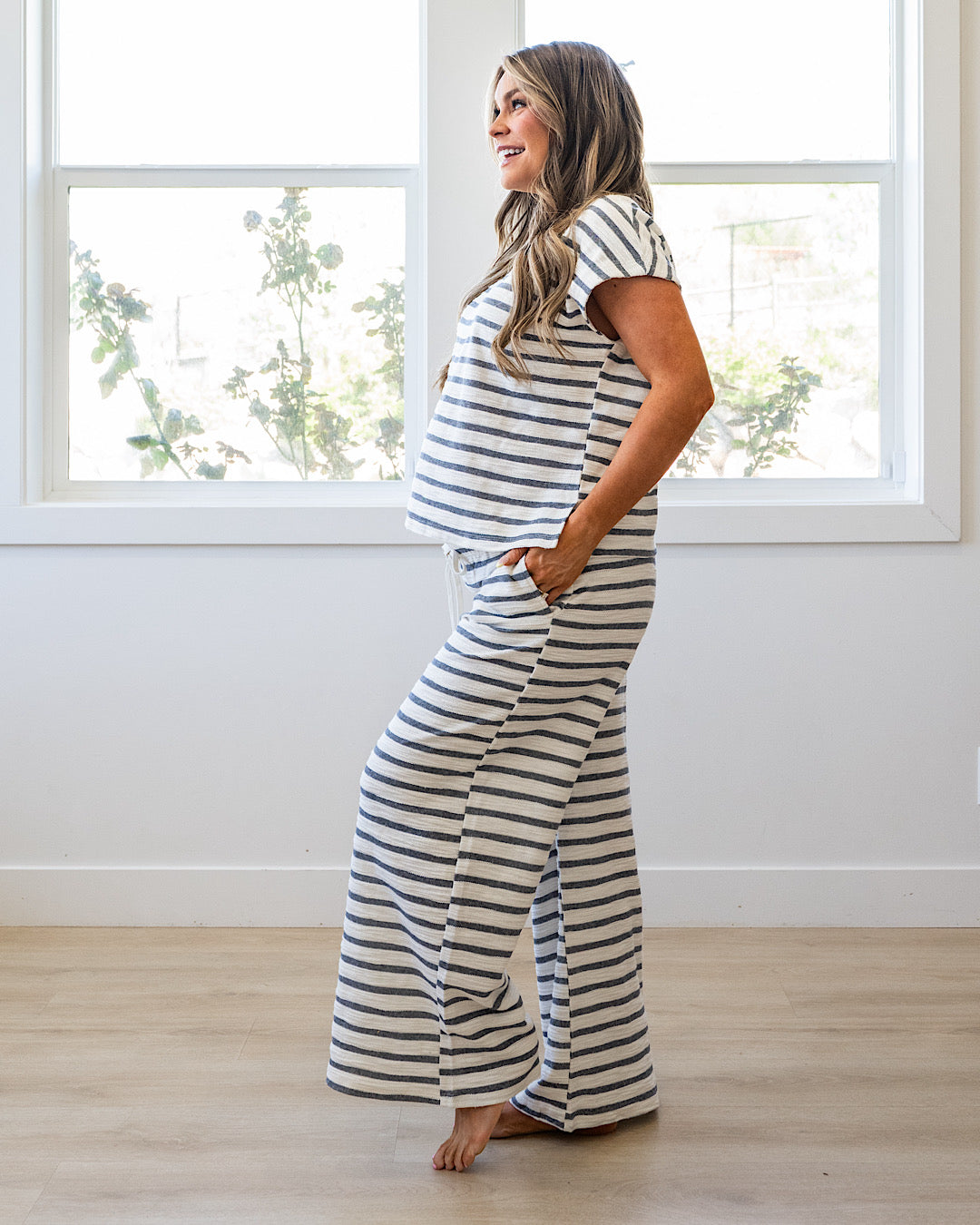 NEW! Abby Striped Textured Knit Pants - Navy