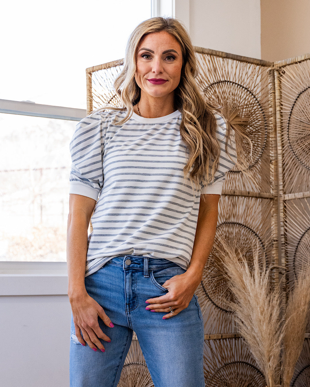 NEW! Hillary Striped Puff Sleeve Top - Heather Gray Lovely Melody