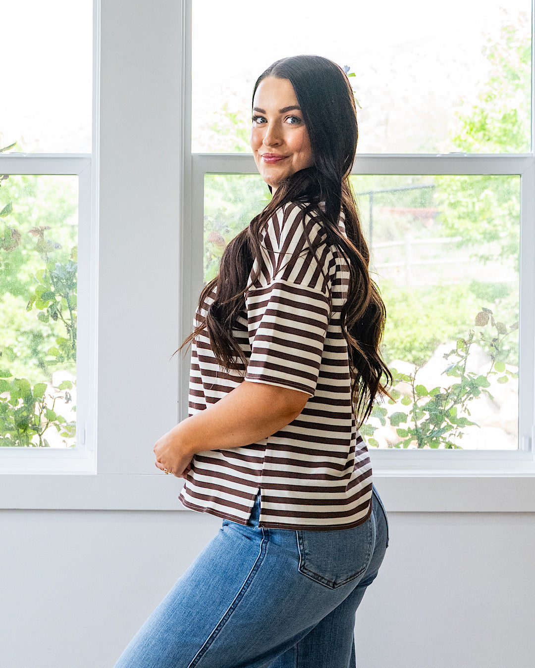 NEW! Hazel Contrast Striped Top - Dark Brown & Burgundy