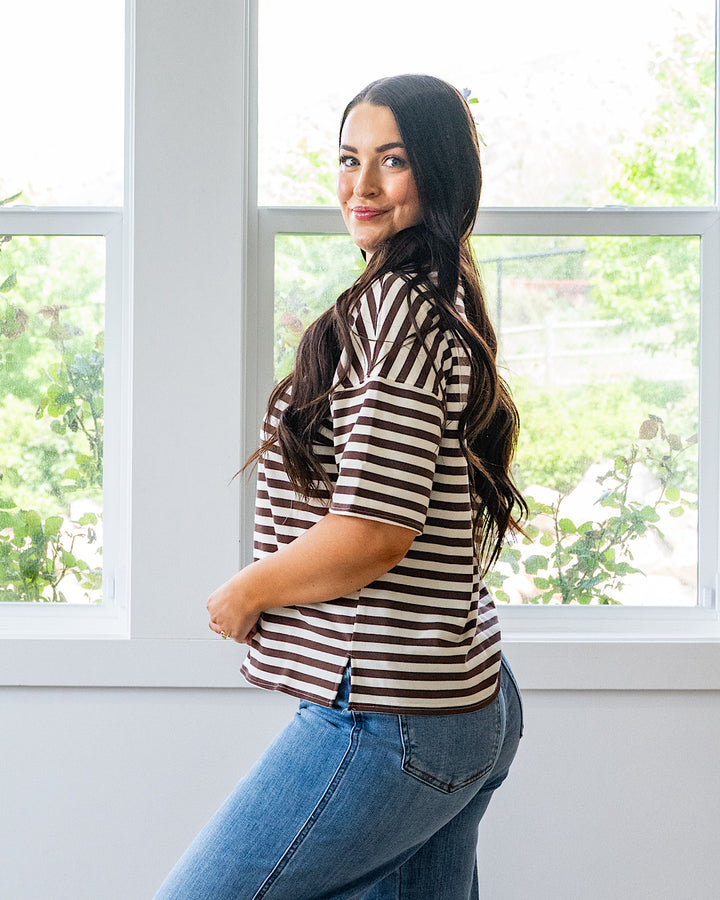 NEW! Hazel Contrast Striped Top - Dark Brown & Burgundy