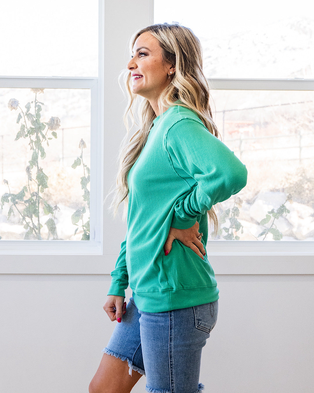 NEW! Mia Ribbed Crewneck Top - Emerald Michelle Mae