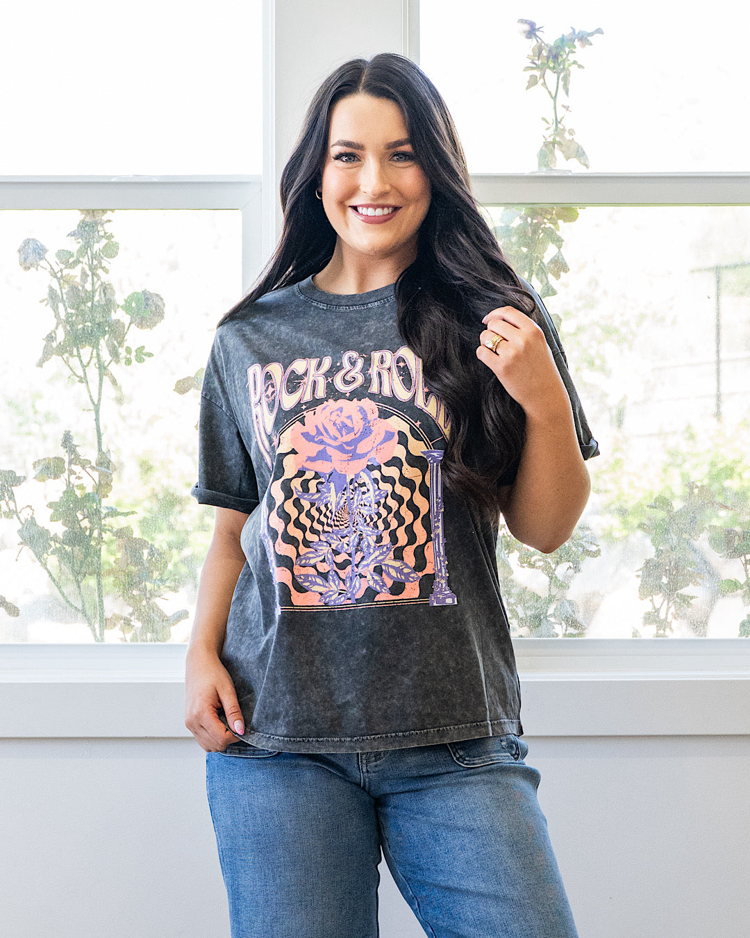 NEW! Rock & Roll Rose Black Mineral Wash Tee Zutter