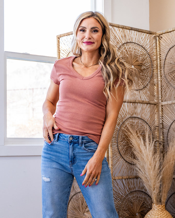 Annie Micro Ribbed V Neck Top - Rust Staccato