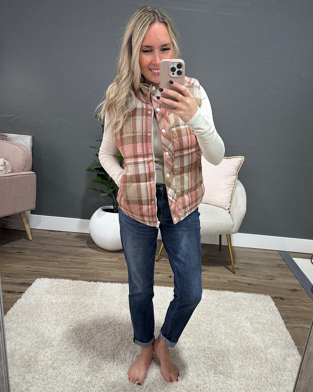 Gia Plaid Quilted Vest - Blush Staccato