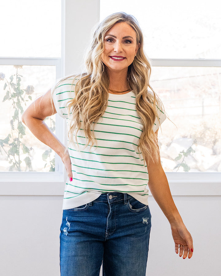 NEW! Allie Striped Short Sleeve Sweater - Ivory & Green Staccato