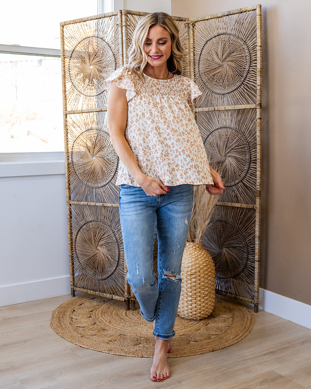 NEW! Cambree Smocked Baby Doll Top - Taupe Staccato