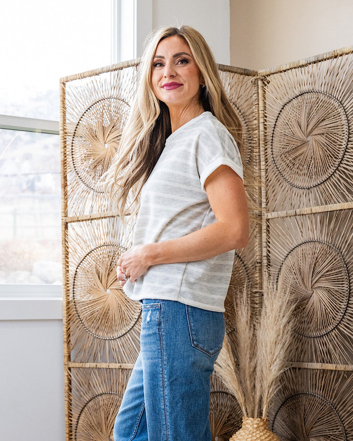 Nina Faded Striped Drop Shoulder Top - Heather Gray Lovely Melody