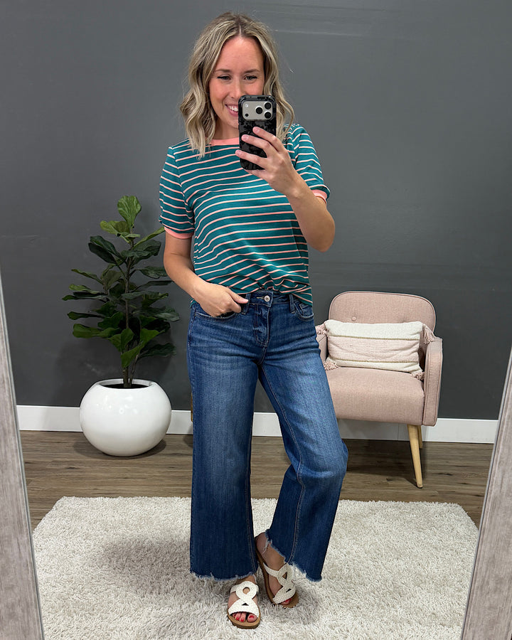 NEW! Shauna Contrast Striped Top - Dark Jade Staccato