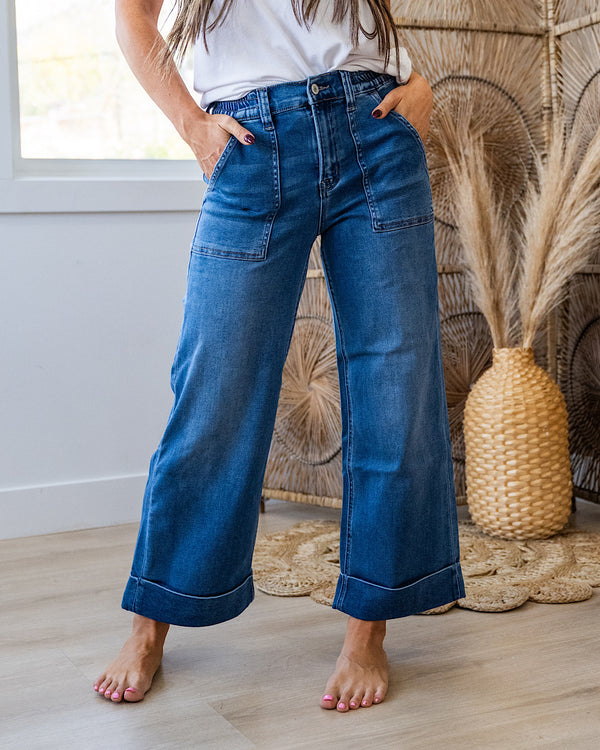 Vervet Maggie Roll Hem Elastic Waist Wide Leg Jeans - Color Options Available! Vervet Medium Wash Blue Denim
