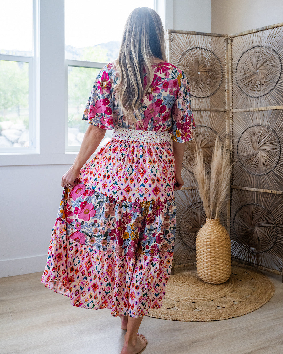 Alyssa Mixed Pattern Floral Midi Dress - Rose Bibi