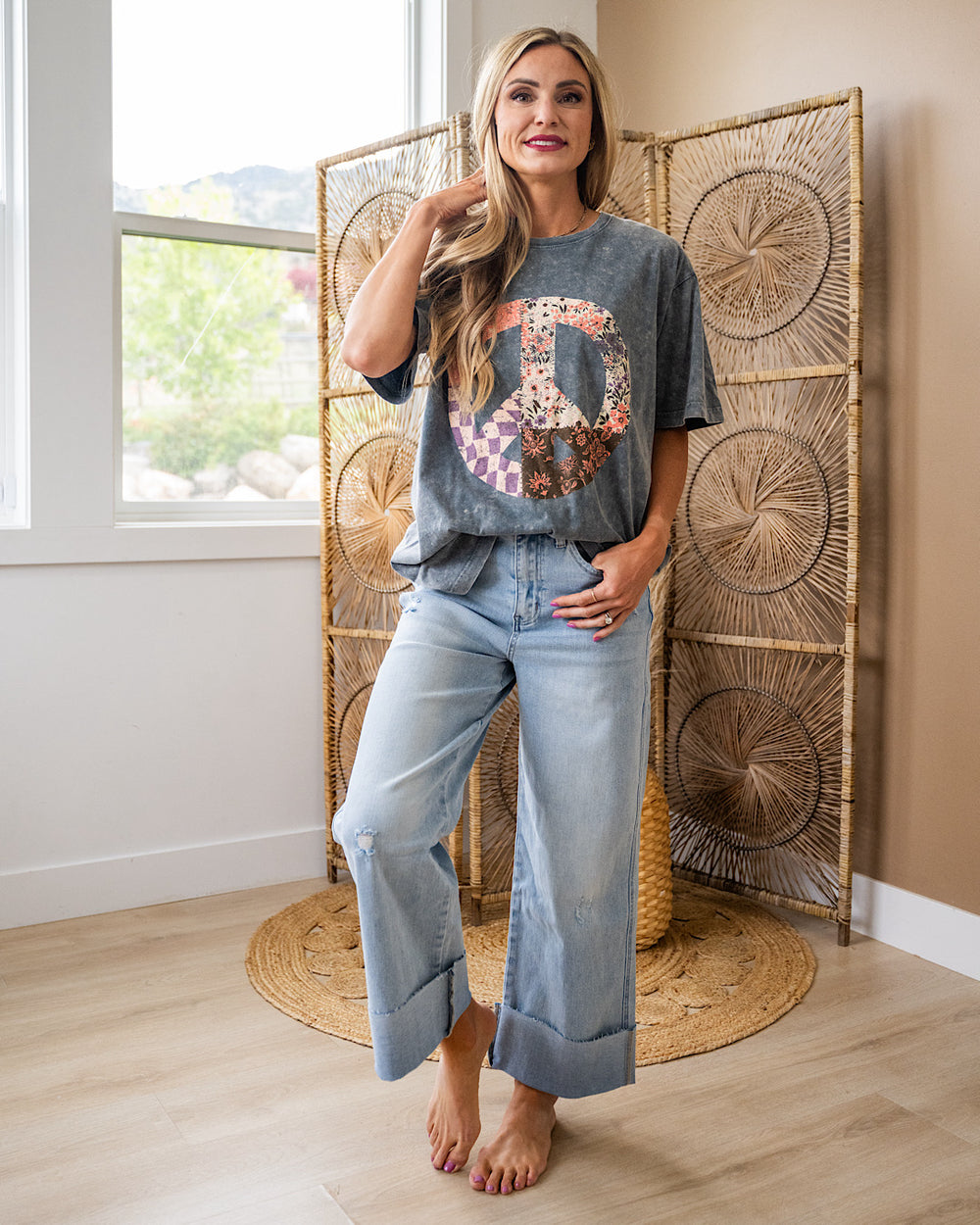 NEW! Patchwork Peace Sign Gray Denim Mineral Wash Tee Zutter