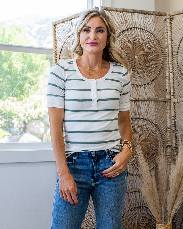 NEW! Carrie Ribbed Scoop Neck Striped Henley Top - Spruce
