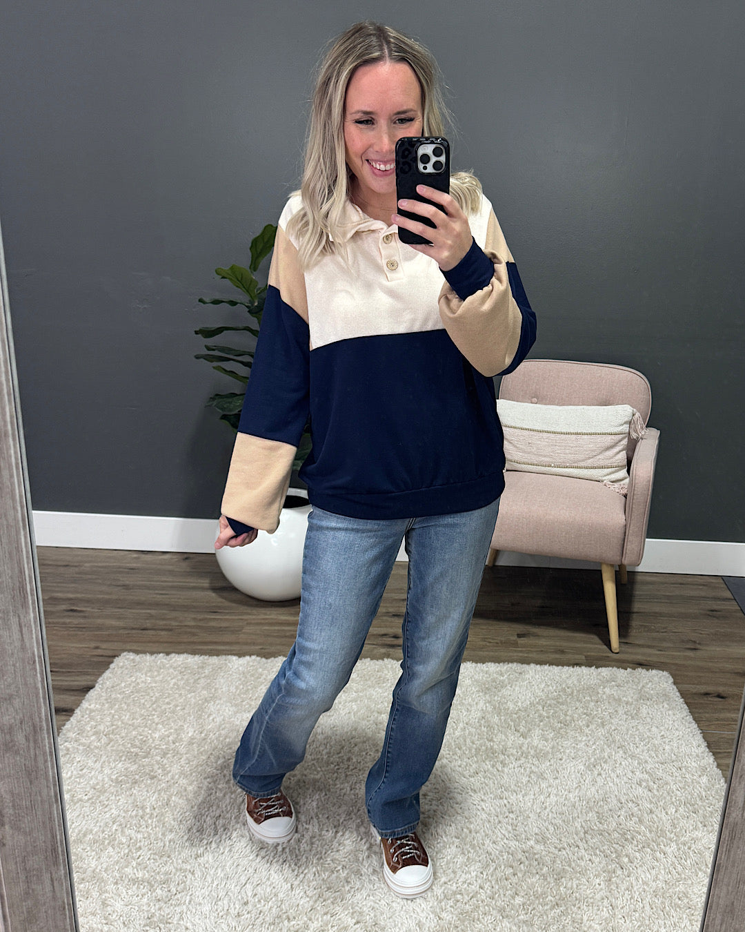 NEW! Izzy Color Block Henley Pullover - Navy, Taupe & Ivory Lovely Melody
