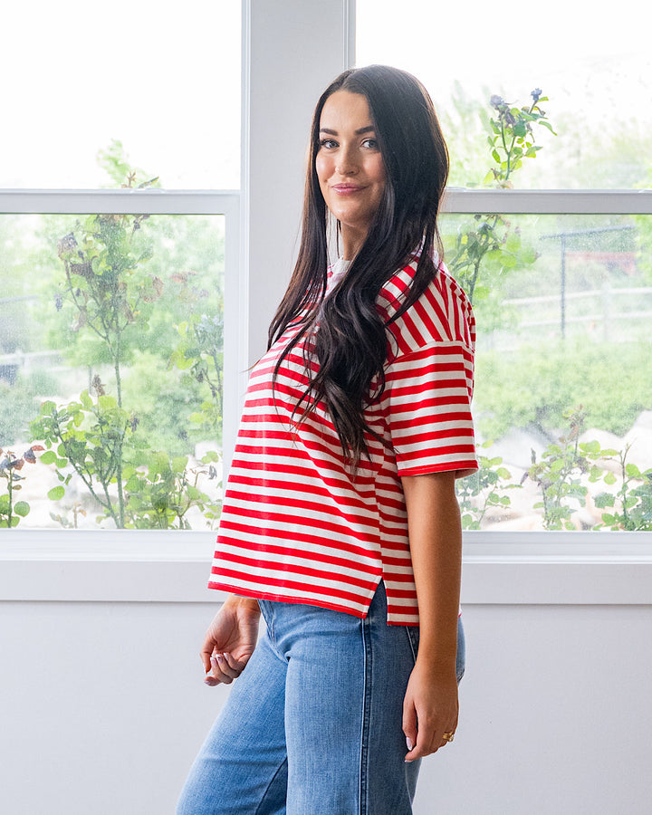 NEW! Hazel Contrast Striped Top - Red & Taupe