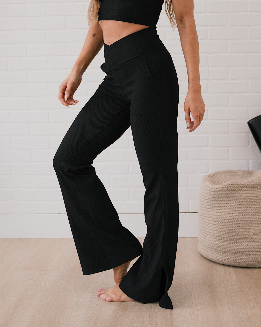 Rae Mode Ribbed V-Waist Flare Leggings - Black  Rae Mode   