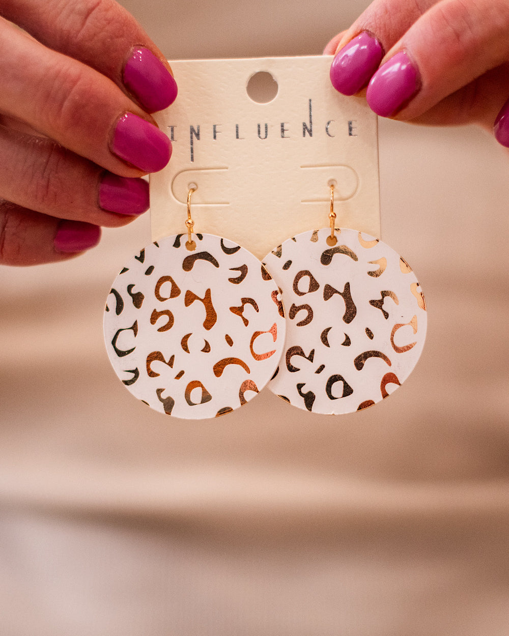 NEW! Ivory and Gold Leopard Round Metal Earrings Trendy Wholesale