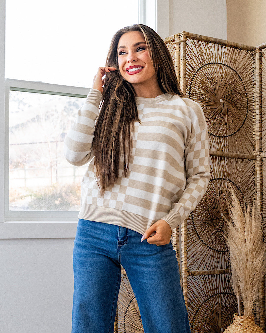 NEW! Ashley Checkered and Striped Sweater - Taupe Staccato