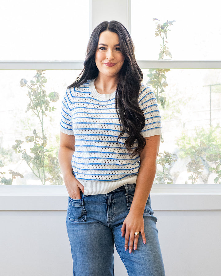 Kaitlyn Open Knit Striped Sweater Top - Color Options Available! Staccato Blue