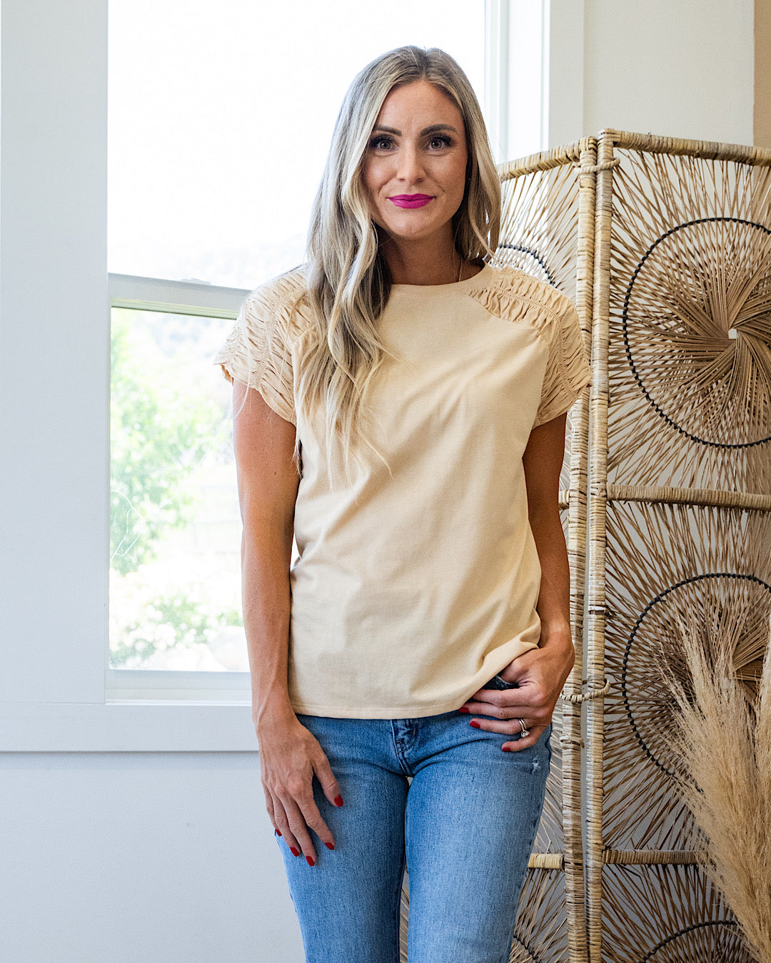 Anne Smocked Shoulder Top - Taupe  Bibi   