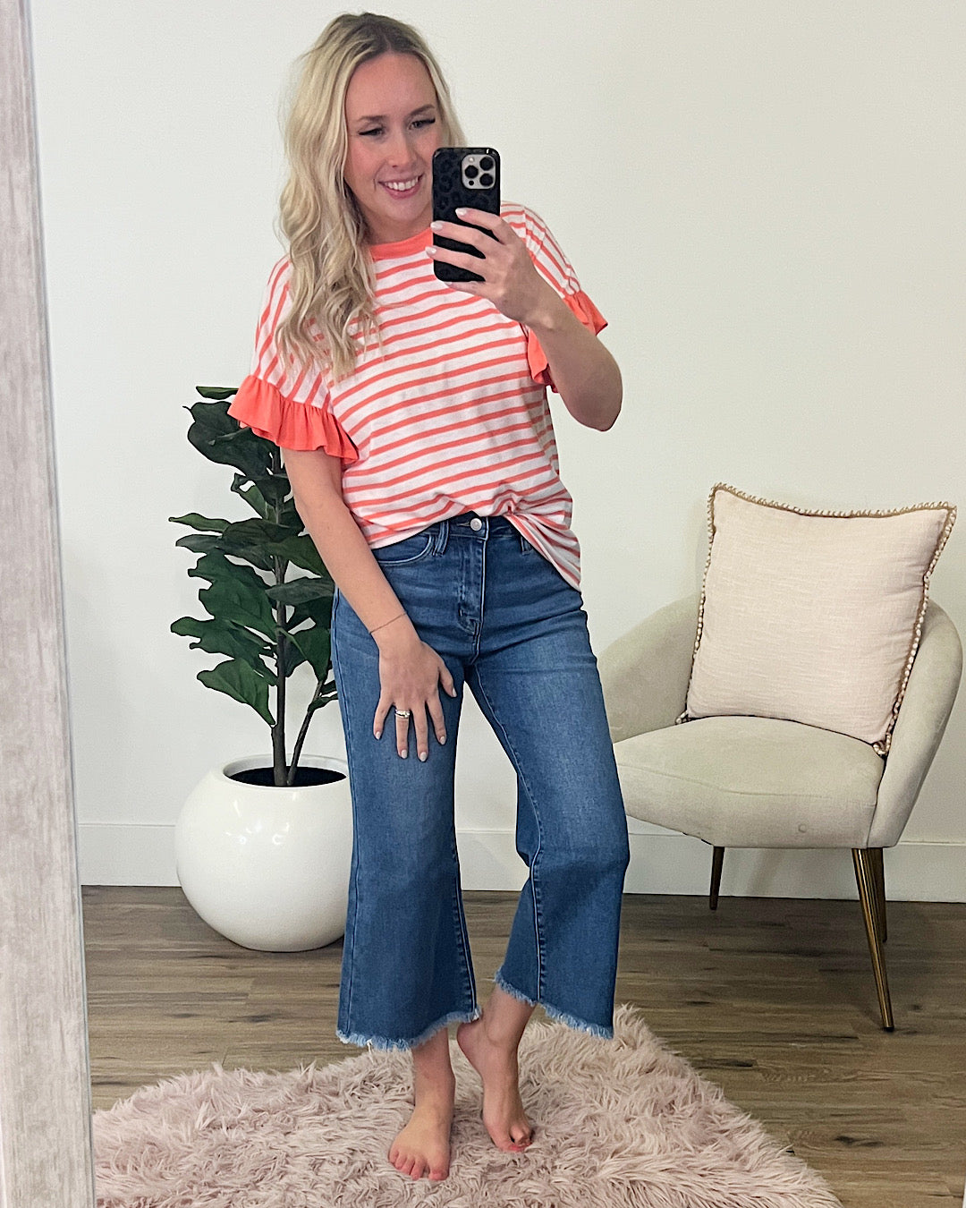 NEW! Elizabeth Striped Ruffle Sleeve Top - Coral  Lovely Melody   