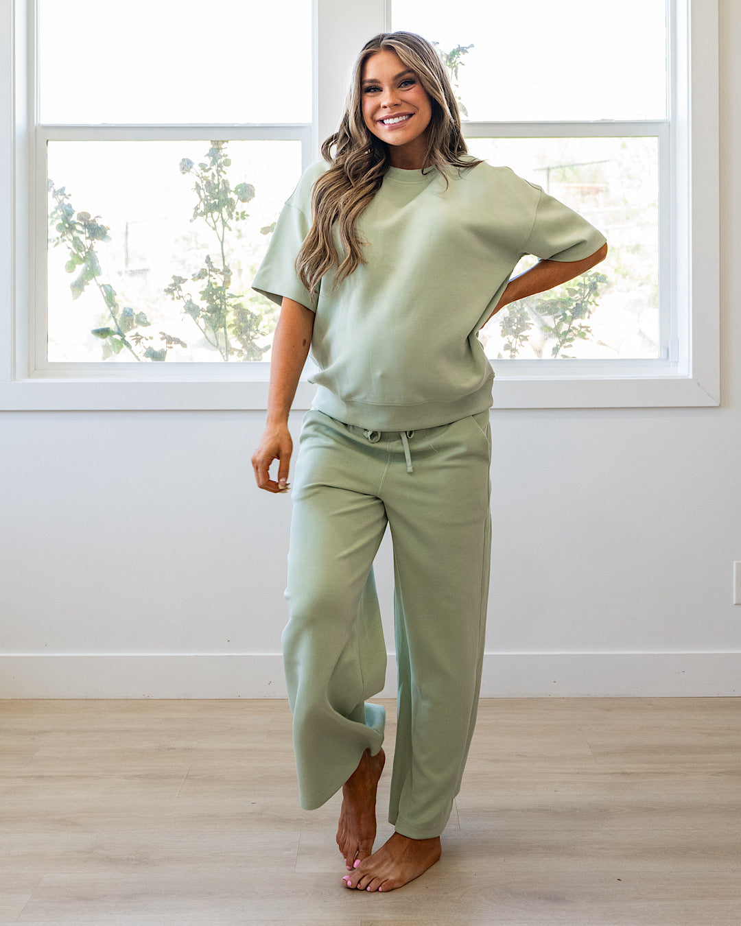 NEW! Kendall Scuba Fabric Wide Leg Pants - Pistachio Cream