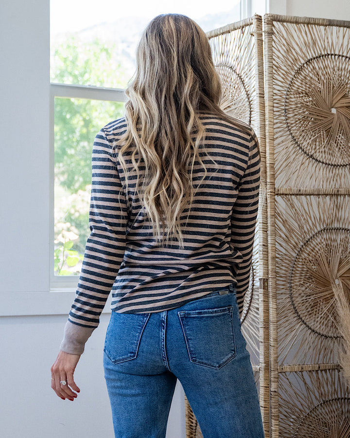 Claudia Striped Henley Top - Charcoal