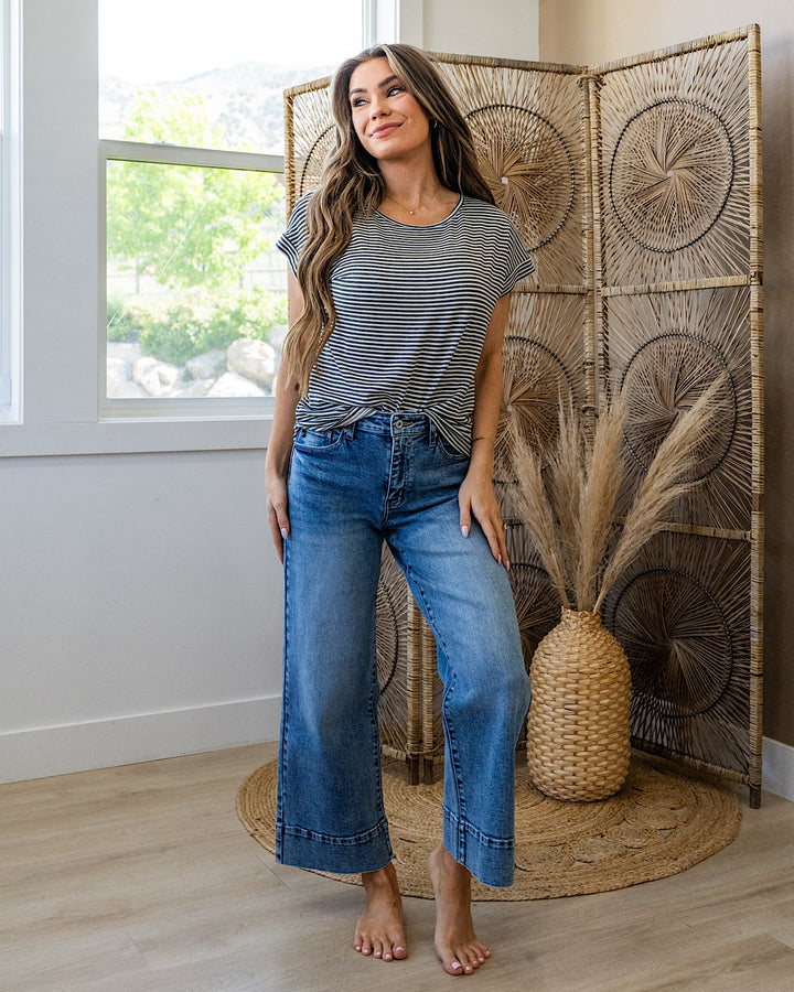 NEW! Callie Striped Twist Keyhole Top - Charcoal Staccato