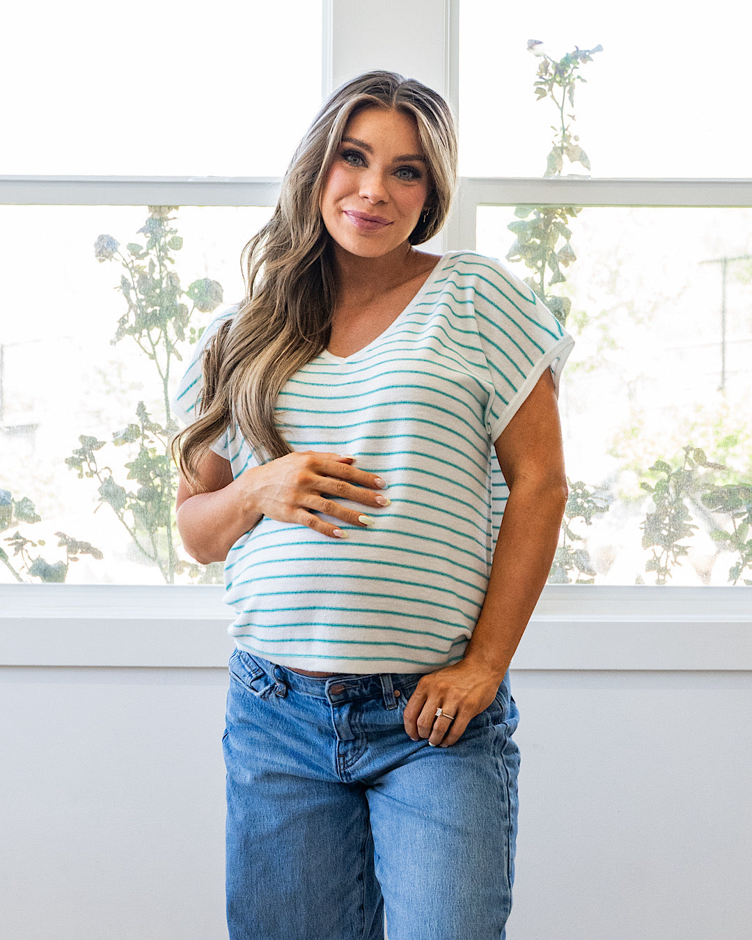 Candice Striped V Neck Sweater Top - Ivory & Green