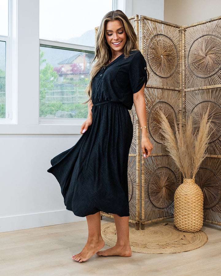 Lisa Tie Waist Textured Midi Dress - Black  Sew In Love   