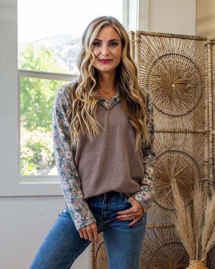 NEW! Anna Corded Contrast V Neck Top - Cocoa Heimish