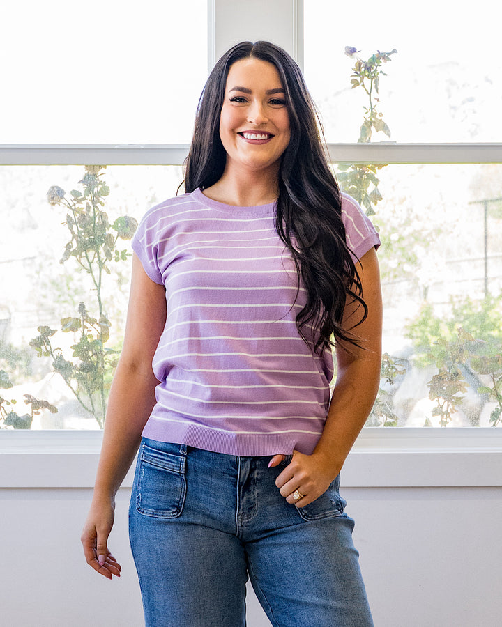 Allie Striped Short Sleeve Sweater - Lavender Staccato