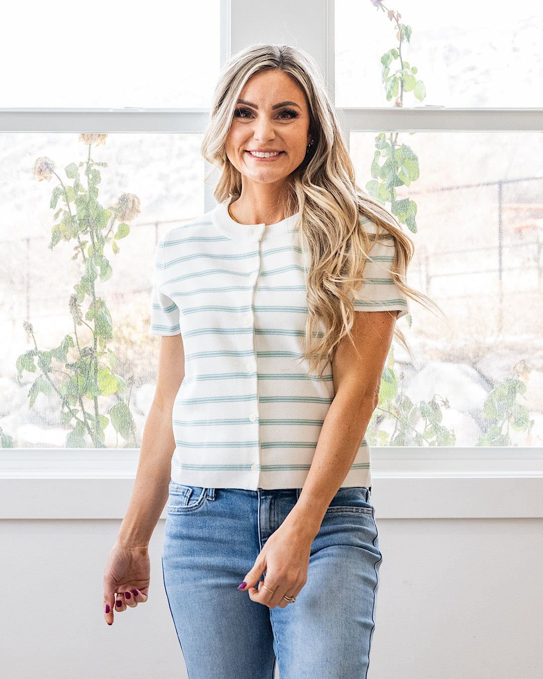 Courtney Striped Short Sleeve Cardigan - Color Options Available! Be Cool Seafoam