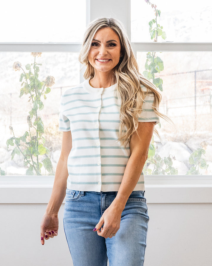 Courtney Striped Short Sleeve Cardigan - Color Options Available! Be Cool Seafoam