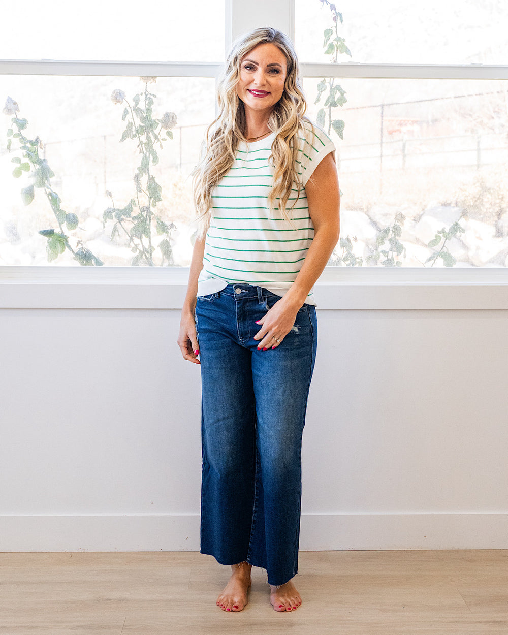 NEW! Allie Striped Short Sleeve Sweater - Ivory & Green Staccato