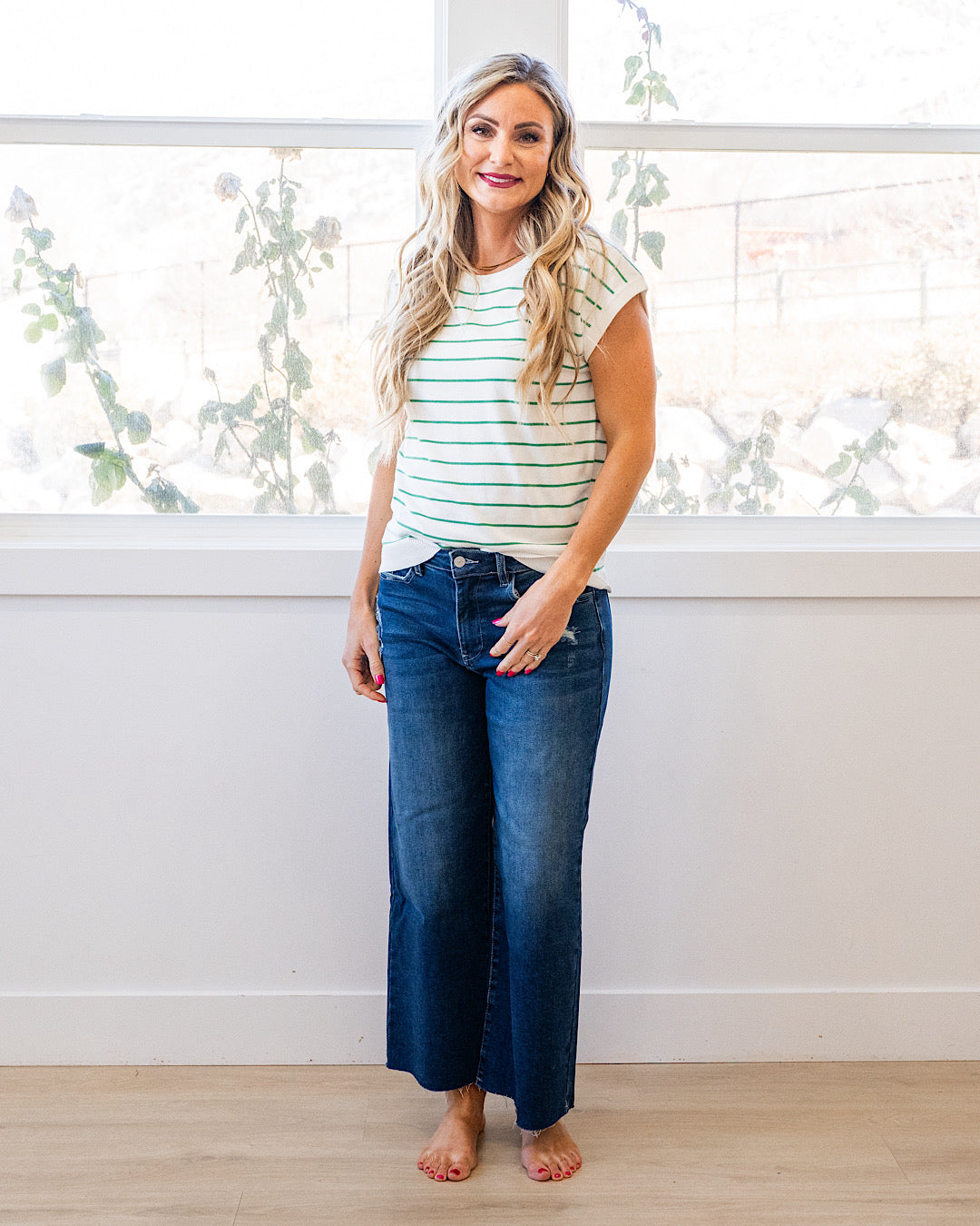 NEW! Allie Striped Short Sleeve Sweater - Ivory & Green Staccato