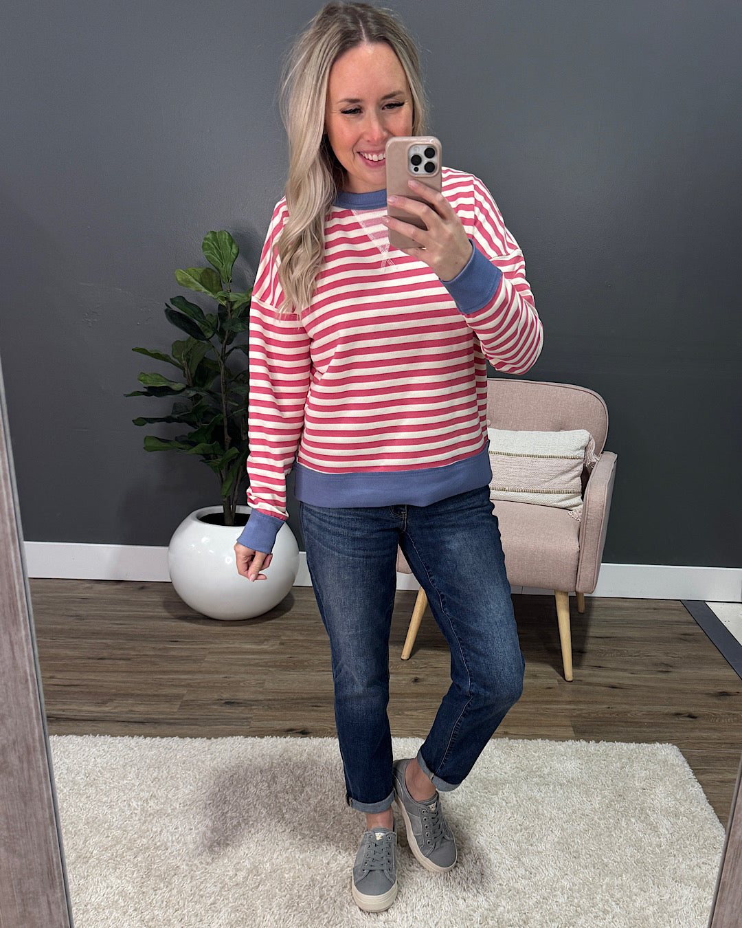 NEW! Kaylee Dark Pink Striped Top - Blue Staccato