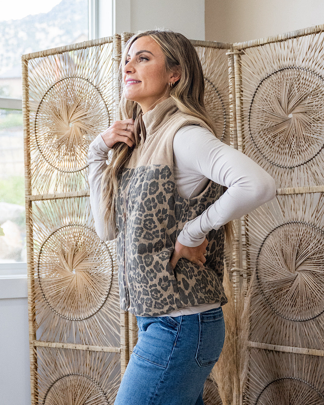 NEW! Corduroy Leopard Print Puffer Vest - Taupe Staccato