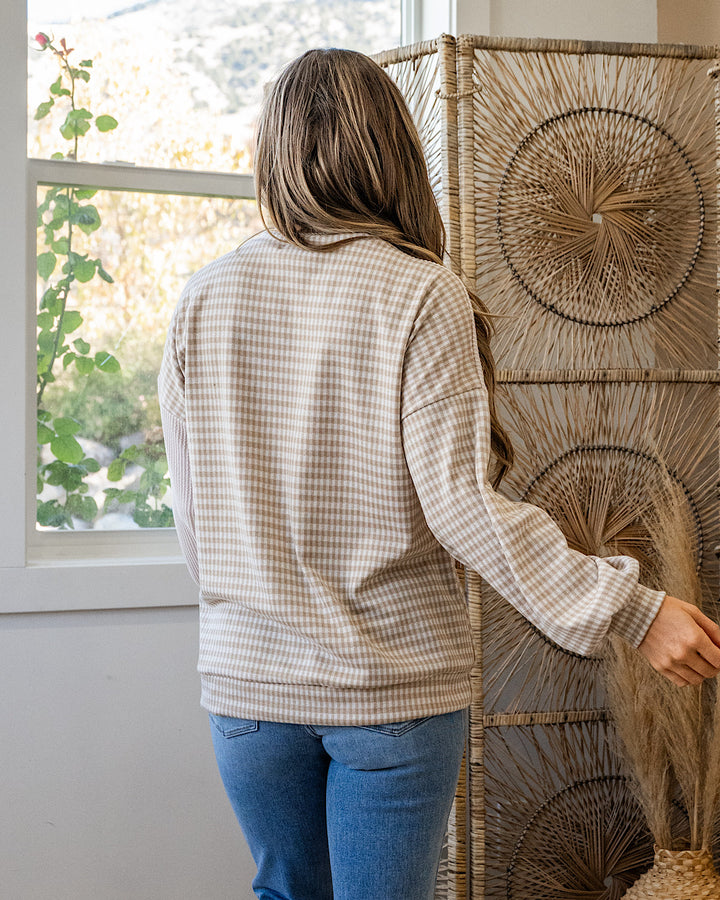 Cassie Mixed Fabric Henley Top - Taupe Lovely Melody