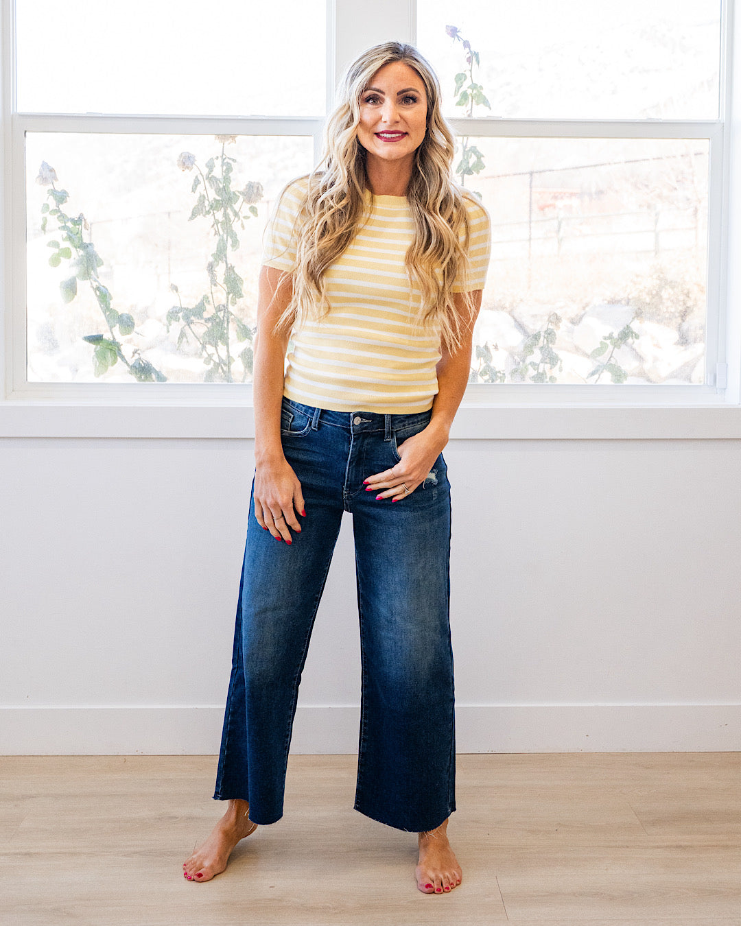 NEW! Delaney Striped Short Sleeve Sweater Top - Yellow Be Cool