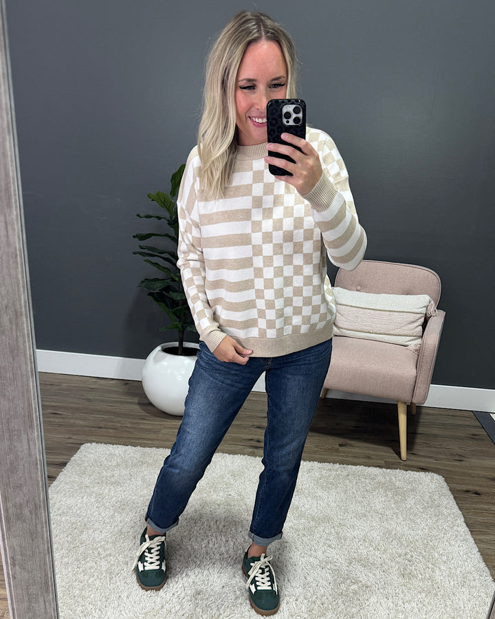 NEW! Ashley Checkered and Striped Sweater - Taupe Staccato