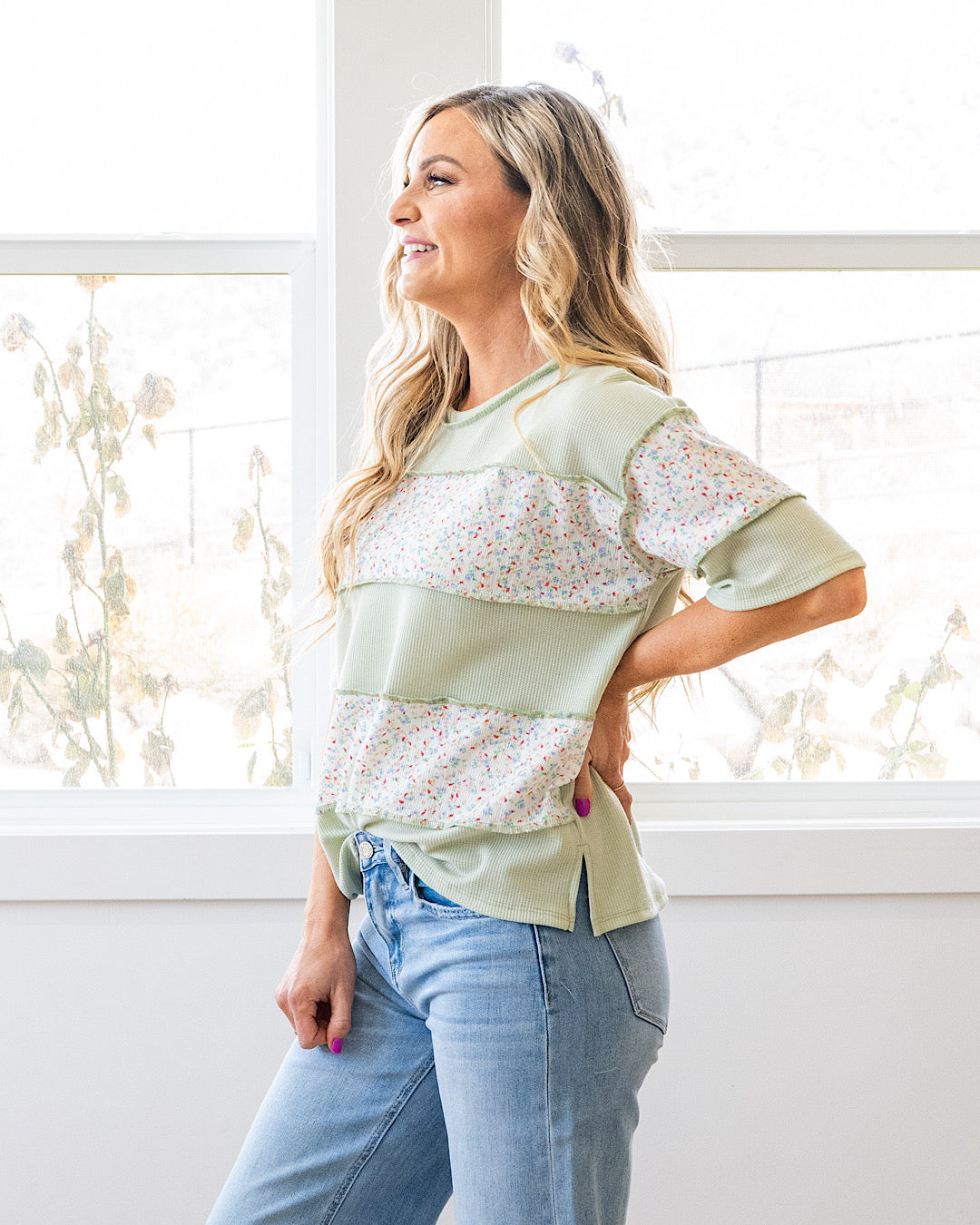 Camila Floral Color Block Top - Sage Lovely Melody