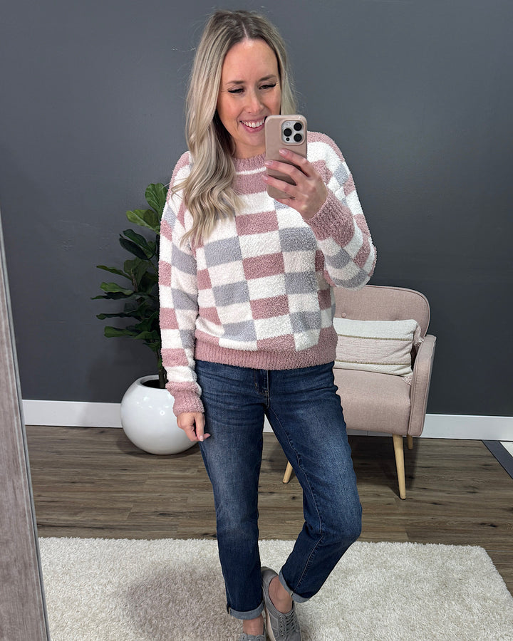 Kathryn Cozy Checkered Sweater - Gray & Pink Michelle Mae