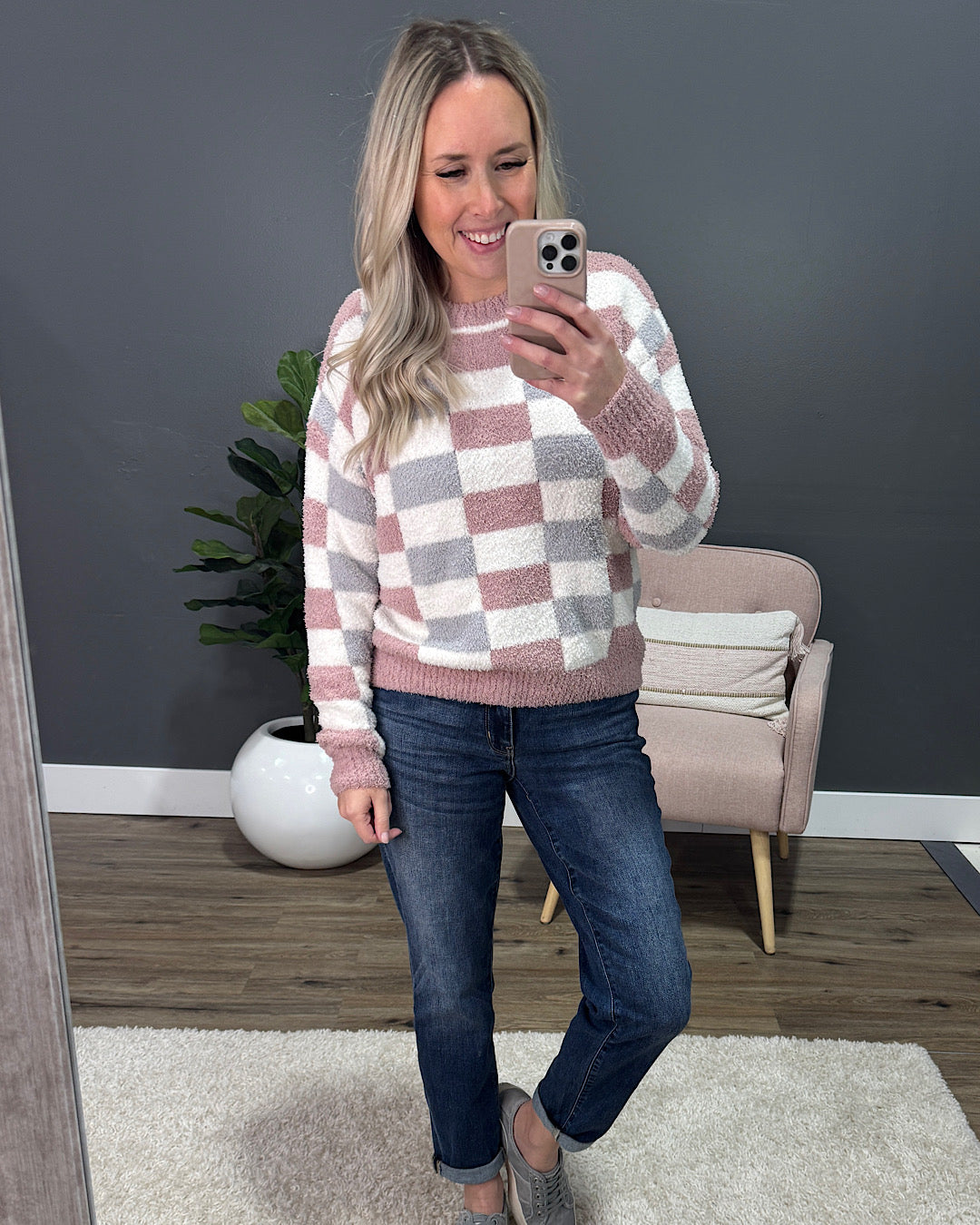 NEW! Kathryn Cozy Checkered Sweater - Gray & Pink Michelle Mae