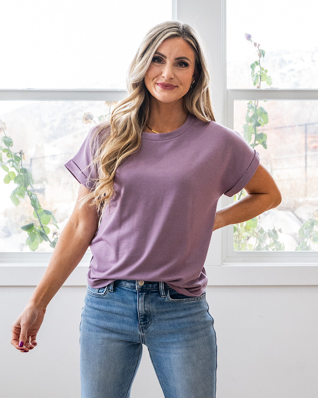 NEW! Melissa Roll Sleeve Top - Dusty Lavender Staccato
