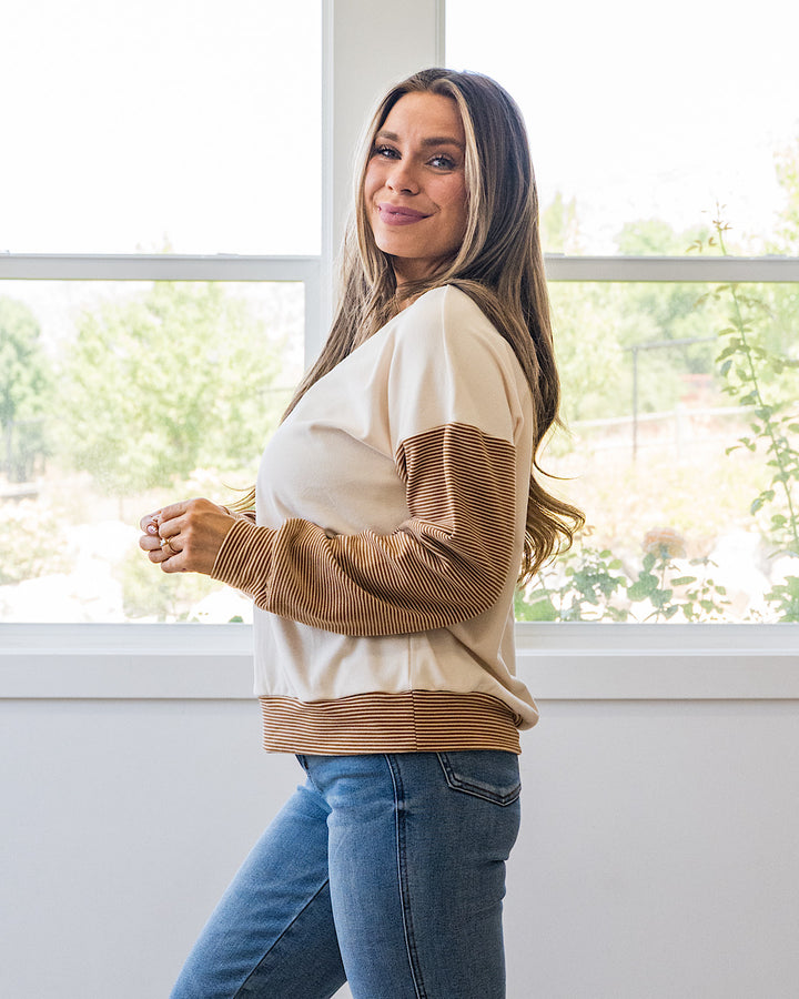 NEW! Danielle Striped Sleeve Brushed Top - Camel